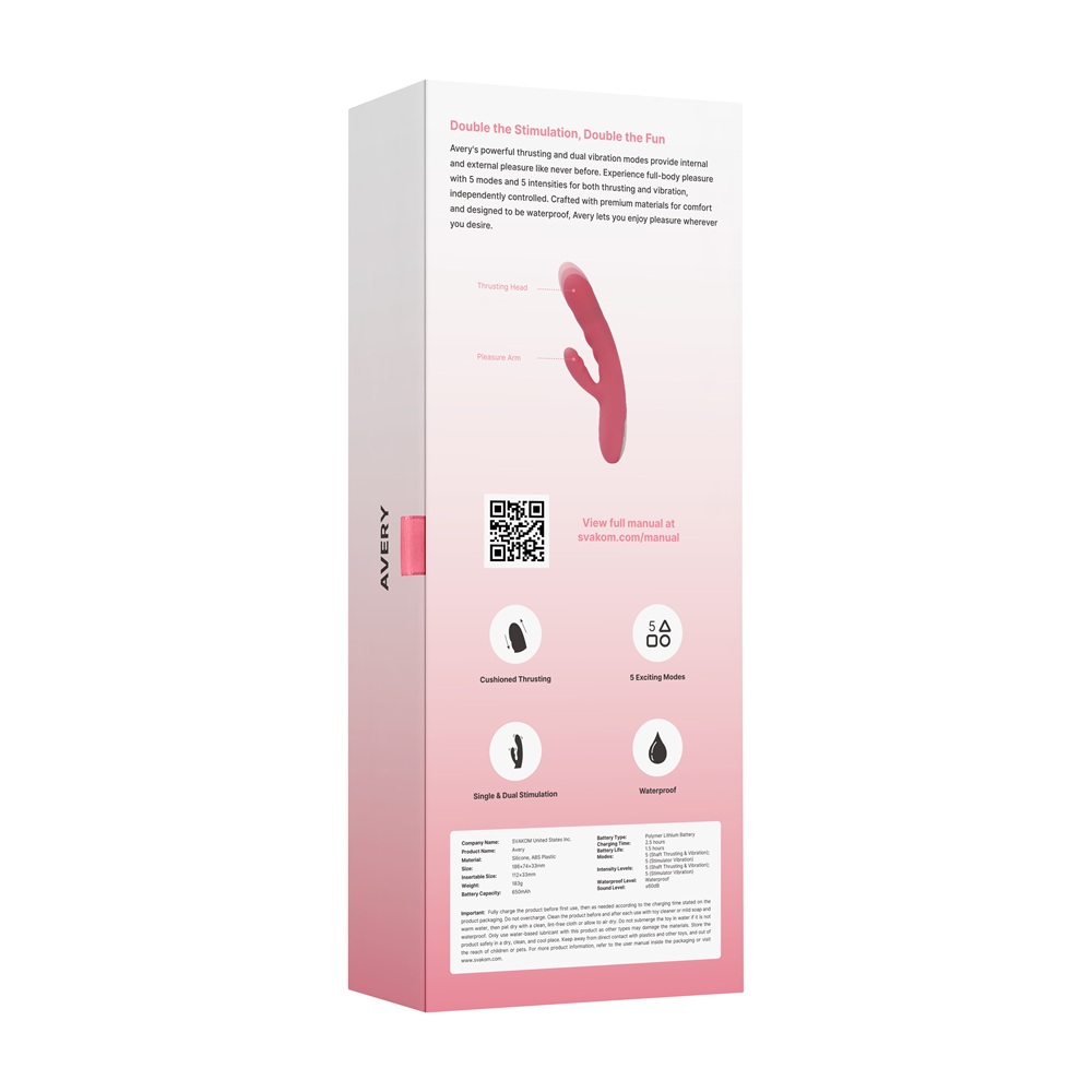 Svakom Avery Thrusting Vibrator with Clitoral Stimulator Pink - Image 11